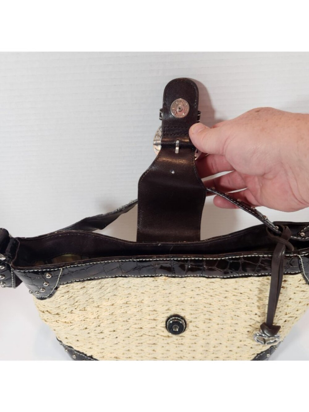 Brighton Woven Tan Straw Studded Brown Leather Handbag Purse Bag DEFECT STRAP - Picture 15 of 16